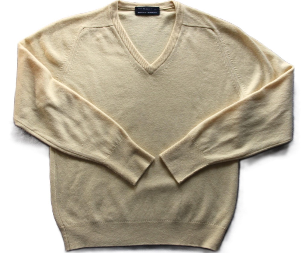 Hodgson Of Scotland Sweater Mens Medium Yellow V Neck Wool Tight-Knit Pullover